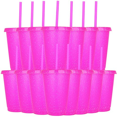 Yisituo Kinderbecher mit Deckel und Strohhalm, 15 Stück Plastikbecher, Trinkbecher Kinder für Partys, Camping, Travel (15, Rosarot)