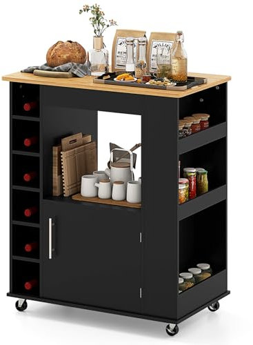 COSTWAY Küchenwagen auf Rollen, Servierwagen mit Arbeitsplatte & Handtuchhalter & Gewürzregalen, Weinregal für 6 Flaschen, Kücheninsel Holz, Küchenschrank Rollbar, für Küche Esszimmer Bar (Schwarz)