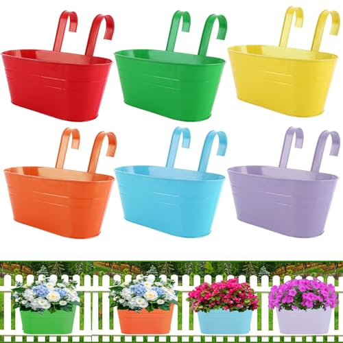 APACALI 6 vasi da fiori in metallo, da appendere, 28 cm, da appendere, con gancio rimovibile, per balcone, recinzione, giardino, 6 colori