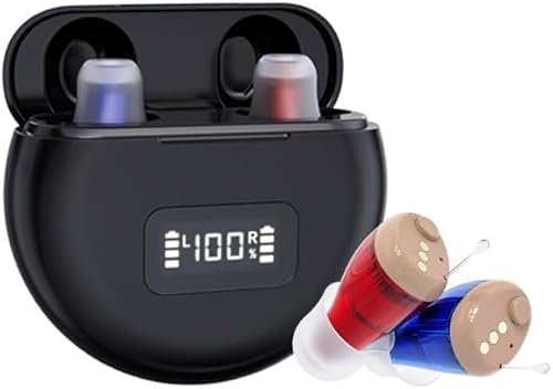 Digital Rechargeable Hearing Aid, In-Ear Design, Magnetic Charging Case, 20-Hour Battery Life, Black, Pair