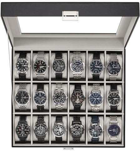 ProCase Uhrenbox, Uhrenaufbewahrung Uhrenkasten mit Glasdeckel, Uhrenkasten Uhrenkoffer mit Uhrenkissen, Watch Box für Herren - 18 Fächer, Schwarz