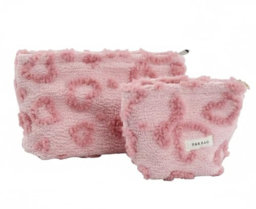 2 Pack Trousse de Toilette pour Femmes (1 Grande +1 Petite) - Sac à Maquillage en Toile avec Glissière, Trousse de Voyage Portable Personnalisée pour Femme et Fille - Rose