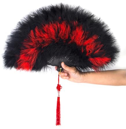Yuelulala 1920s Marabou Feather Fan Flapper Folding Hand Fans Feather Fan Handheld for 20s Vintage Gatsby Party BlcakRed Dancing Tea Parties (A182-1)