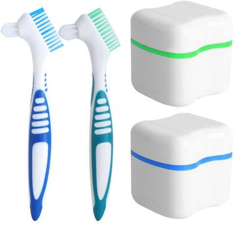 Boite appareil dentaire avec brosse – 2x Boite a dentier portable BPA-free, Ensemble de Boite dentier adulte avec brosses de nettoyage, Boite pour appareil dentaire hygiénique et pratique pour voyage