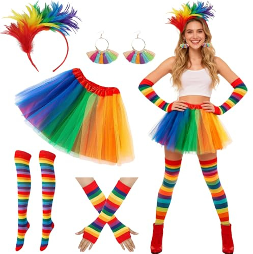 5 Stück Karneval Kostüm für Damen, Papagei Kostüm Enthalten Tüllrock mit Feder Haarreif Kniestrümpfe Fingerlose Handschuhe Ohrringe Regenbogen Kostüm Damen für Karneval, Fasching, Mottoparty