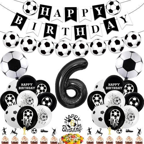 Fußball Deko Geburtstag Kinder 6 - 37 Stück Fussball Geburtstagsdeko mit Schwarz Happy Birthday Banner, Schwarz Weiß Luftballons und Ballon Nummer 6 für Jungen Football Party Dekoration