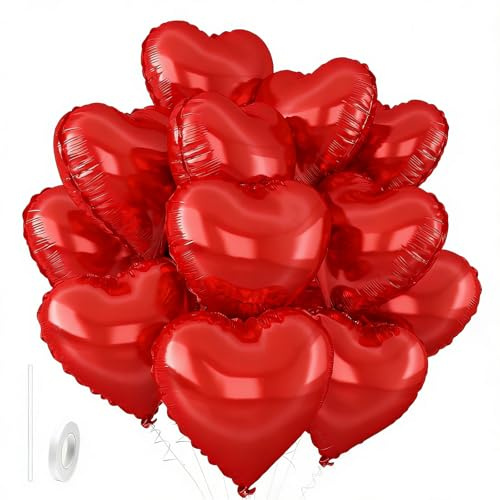 Gleemix Romantik Rot Herzluftballons, Rote Luftballons Geburtstagsdeko | 12 Stück Rote Herz Luftballon Geburtstagsdeko Folienballon, 18 Zoll Helium Ballons, Hochzeit Valentinstag Silvester Babyparty