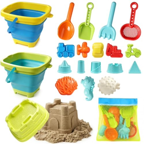 AOJN 21 in 1 Sandspielzeug, Strandspielzeug Kinder Sandkasten Spielzeug mit Faltbarer Eimer, Innovative Handtaschen, Sandschaufel, Sandformen, Tragbar und platzsparend für Jungen Mädchen Kinder