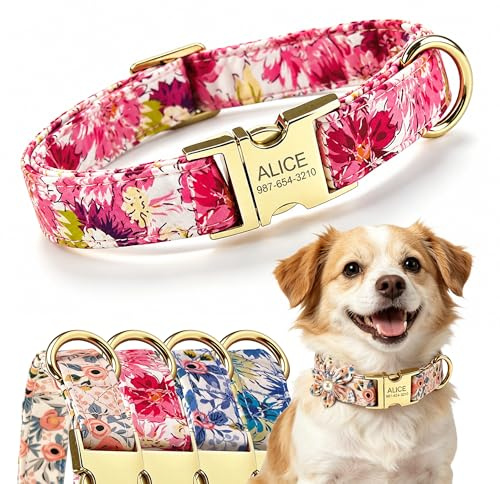 Hundehalsband mit Namen Blumen graviertem Tiernamen | Halsband hund personalisiert mit graviertem Tiernamen für kleine bis große Hunde für Spaziergänge
