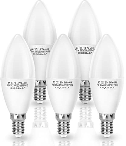 Aigostar LED Glühbirne E14 9W (Ersetzt 62W Birne), Kaltweiß 6500K, 840 Lumen, Abstrahlwinkel 260 Grad, Leuchtmittel E14 C37, 5 Stück