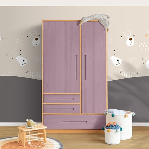 BioKinder Kleiderschrank Kinderkleiderschrank 2-türig Lina aus zertifizierten Bio-Massivholz Erle und Kiefer Flieder lasiert H 190 x B 110 x T 55 cm