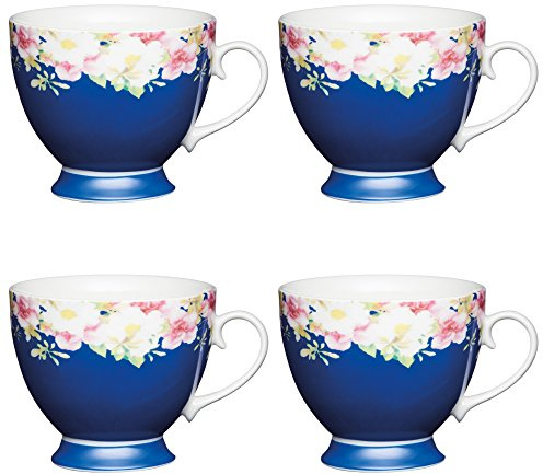 KitchenCraft Large Bone China 'Blue Border' Footed Printed Flower Mugs, 400 ml - Blue (Set of 4)