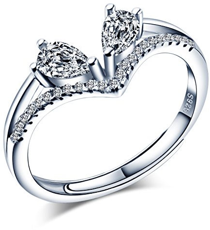 Yumilok 925 Sterling Silber Zirkonia V-Form Tropfen Offener Ring Jahrestag Verlobungsring V-Ring für Damen Mädchen, Größe 49-57 Verstellbar