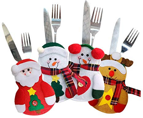 LAEMILIA 4/8 STK. Weihnachten Besteckbehalter Christmas Weihnachtsmotiv Besteck Messer Gabel Löffel Tischdeko Weihnachtsmann Elch Schneemann Weihnachtsdeko Tisch Dekoration
