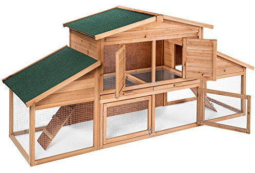 tectake® Clapier Lapin Exterieur Cage Lapin & Autres rongeurs Poulailler pour Poules en Bois imperméable avec Parc XXL au Sol sans Fond et 2 Tiroirs à déjection, 4 Portes verrouillables
