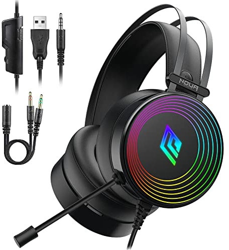 Noua Crux Rainbow Cuffie da Gaming Over-Ear da 50 mm con Microfono Flessibile Cuffie da Gioco con 3.5mm Jack e Controllo Volume Headset per PS4, PS5, PC, Mac, Laptop, Tablet