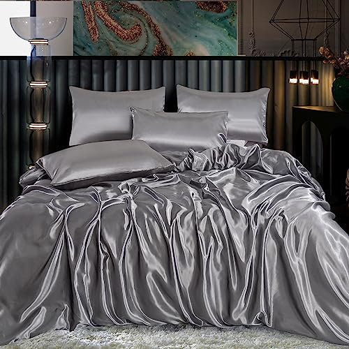 ROOEE Satin Silk Complete Bedding Set - 6 PCS - Fitted sheet, Duvet Cover, 4 Pillow Cases. Color - Silver Size - King
