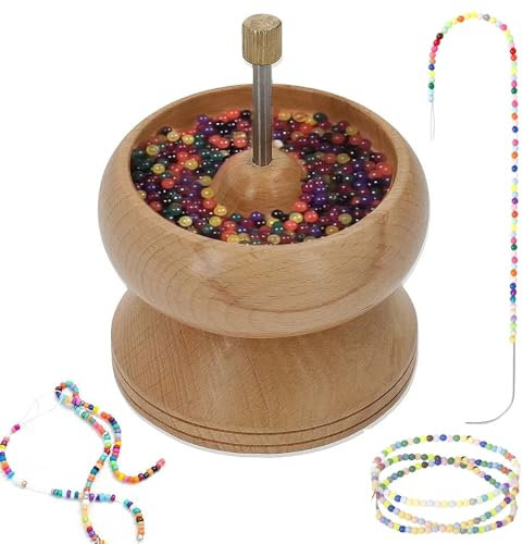 Bead Spinner for Jewellery Making Effortless Rotating Pine Wood Clay Bead Spinner with 1 Curved Big Eye Beading Needle DIY Wooden Beading Tool Beading Supplies for Making Bracelets, Necklace