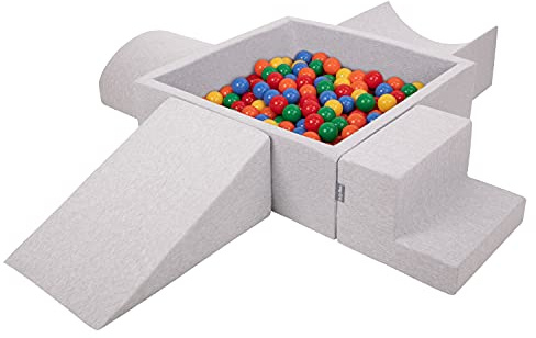KiddyMoon Spielplatz Aus Schaumstoff Mit Quadrat Bällebad (200 Bälle) Ballgruben Für Babys Spielbad Hindernisläufen, Hergestellt In Der EU, Hellgrau:Gelb/Grün/Blau/Rot/Orange