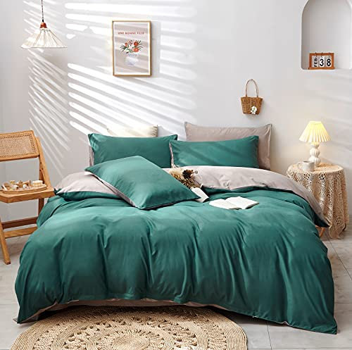 Damier Bettwäsche Dunkelgrün 220×240cm Grün Beige Wendebettwäsche Set 3 Teilig Superweiches Microfaser Unifarben Bettbezug mit Verdecktem Reißverschluss und 2 Kopfkissenbezüge 80 × 80 cm