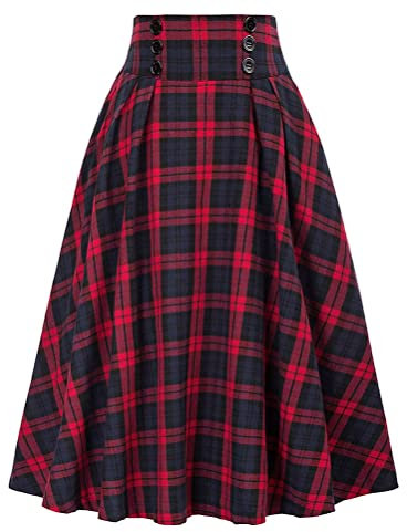 Minetom Damen Midi Faltenrock Kariert Hohe Taille A-Linie Lang Rock Plaid Midi Rock Vintage Swing Rock Rockabilly Skirt A Rot L