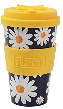 IDRINK®- Tazza in RPET per caffé con tappo in silicone apribile, facile da portare 435 ml, Mug takeaway plastica riciclata 8.7 x 8.7 x 15 cm ergonomica 435 ml (DAISY)