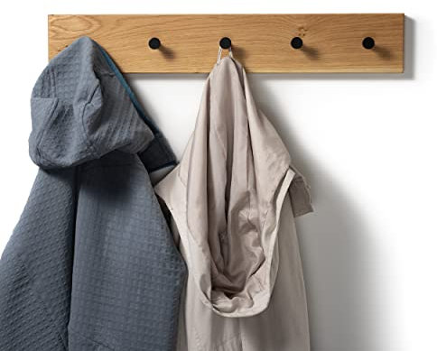 Hakenleiste Garderobe aus massivem Eichenholz – 55cm Wandgarderobe mit 5 schwarzen Haken – Handtuchhalter, Kleiderhaken für Flur, Bad & Küche – Garderobenleiste für Wandmontage, langlebiges Holzdesign