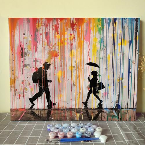 Malen nach Zahlen DIY Banksy Street Graffiti-Stil Regenbogen Regen Leinwand Ölgemälde Kit für Kinder Erwachsene Anfänger Acryl gemalt Kunstwerk Zuhause Wohnzimmer Wand dekoratives Gemälde (rahmenlos)