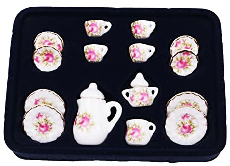 WANGCL Service à thé miniature 15 pièces en porcelaine pour maison de poupée, accessoires pour maison de poupée Barbie 1/12