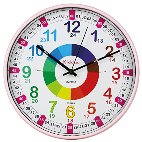 Kiddus Orologio da Parete Bambini per Imparare l'Ora, Orologio Educativo 30cm con Lancette Scritte Ora e Minuto, Decorazione Cameretta Bimbo e Bimba, Silenzioso, Pedagogico Colorati per Scuola e Casa