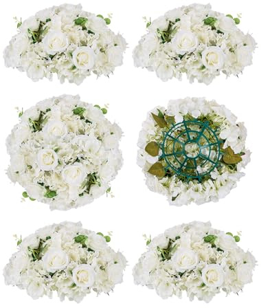 BLOSMON Kunstblumen Künstliche Blumen Tisch Hochzeitsdeko 6 Stück Groß Weiß Kunstrosen Hortensien Seiden Fake Blumen Fuer Mittelstück Tischdeko Blumenkugel Blumenstrauß Gestecke Home Feier Deko