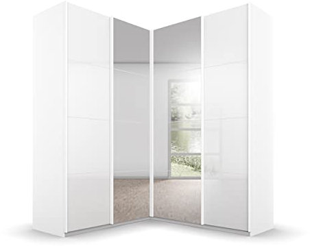 Rauch Möbel Quadra Schrank Eckschrank Schwebetürenschrank, Hochglanz Weiß / Weiß, 4-trg. mit Spiegel, inkl. 2 Kleiderstangen, 12 Einlegeböden, 3 Schubkästen, BxHxT 181x229x187 cm