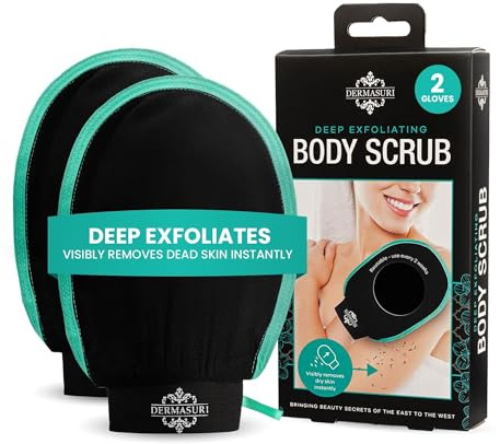 Dermasuri - Deep Exfoliating Glove - Korean Exfoliating Mitt & Body Scrubber - Keratosis Pilaris Treatment Scrub - Self Tanner Mitt & Ingrown Hair Exfoliator - Shower Gloves for Women & Men - (2 Pack)