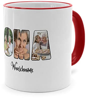 PhotoFancy® - Fototasse 'OMA' - Personalisierte Tasse mit eigenem Foto und Text selbst gestalten - Rot