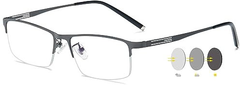 VEVESMUNDO Selbsttönende Lesebrillen Blaulichtfilter Sonnenlesebrille Metall Halbrand Photochrome Lesehilfe Brillen mit Sonnenschutz für Herren (1 Stück Grau Photochrome Lesebrille, +2.0)