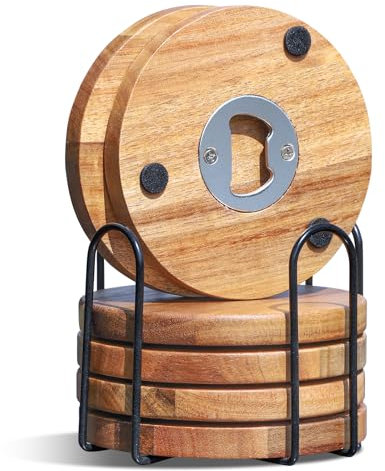 Wood Coasters for Drinks with Bottle Opener Holder Set of 6, Acacia Wooden Coasters for Coffee Table Dining Table Desk with Non-Slip Pad Cup Coasters for Home Office Christmas Decor 4 Inch …