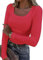 TrendiMax Womens Long Sleeve Tops Square Neck Knitted Shirts Fitted Basic Casual T Shirts Red
