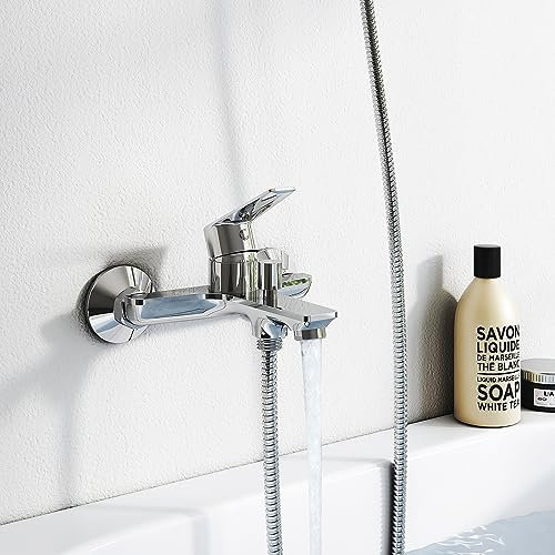 EMKE Badewannenarmatur Duscharmatur, Mischbatterie Badewanne Armatur, Wasserhahn Bad Wandmontage, Aufputz Einhebelmischer Wannenarmatur Dusche Chrom