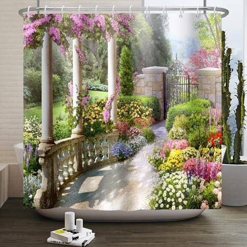 SDOTPMT 105x160cm Beau Rideau de Douche de Paysage de Jardin rétro Jardin bâtiment Pilier Floral Rideau de Douche 3D Rideau de Douche Salle de Bains Durable et Lavable avec Crochet