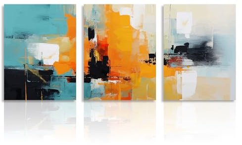 Dazzlewall Abstrakte Wandbilder Modern Blau Schwarz Orange Leinwand Bilder für Schlafzimmer Wohnzimmer Deko 30x40 cm 3er Set Ohne Rahmen