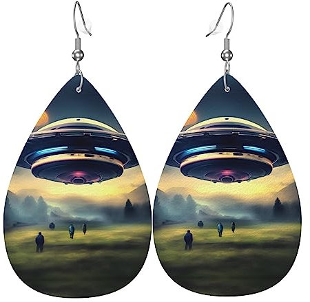 UFO-Landungsbild, Leder-Tropfen-Ohrringe, Anhänger, stilvoll und schön, leicht, baumelnd für Damen und Mädchen, Einheitsgröße, Leder