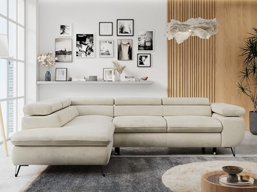 MKS MEBLE Ecksofa Sofa Beige, Wohnlandschaft L-Form mit Schlaffunktion und Bettkasten, Schlafsofa mit Bettkasten, Sofa mit Einstellbare Kopfstützen, Peter L - Beige Velvet - Links Beige