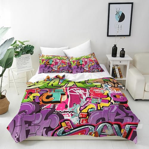 ANHOPE Graffiti Bettwäsche Set 3 Teilig Abstrakte Hippie Doodle Bettbezug 200x200 cm + 2 Kissenbezug 80x80 cm Weich Microfaser Bettbezüge mit Reißverschluss Bettdeckenbezug für Kinder Jungen Mädchen
