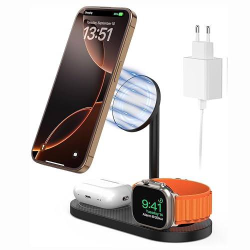 KU XIU Wireless Charger für Magsafe Ladegerät, 3 in 1 Ladestation Apple Watch und iPhone Kompatibel mit iPhone 16/15/14/13/12, für AirPods Pro und Apple Watch 9/8/7/6/5/4/3/2 mit 35W Fast Adapter