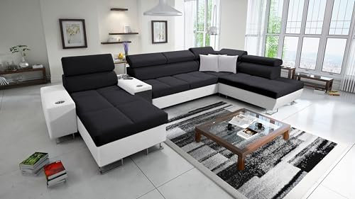 All4All Ecksofa mit Schlaffunktion Margo V 371x221 cm - Schlafsofa mit Bettkasten - Wohnlandschaft in U-Form - XXL Sofa - Seite Links - Gewebe mit Kunstleder - Schwarz/Weiß - Modern 26