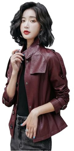 Alloaone Damen Mantel Lederjacke Schaffell Oversize Lederjacke Oberbekleidung Große Größe Lockerer Mantel Burgundy XL