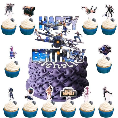 Dekewe 13Pcs Cake Topper, Video Game Theme Cake Toppers, Cupcake Toppers, Happy Birthday Cake Decoration with 1Pcs Cake Topper and 12Pcs Cupcake Toppers for Video Games Birthday Party
