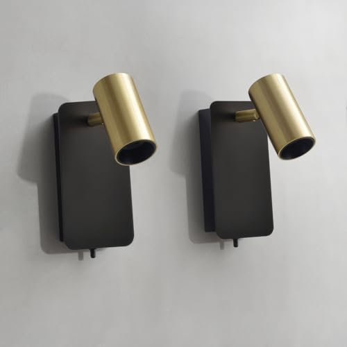 ouglres Wandlampe mit Schalter Led, 2er Set Wandleuchte Schlafzimmer Schwarz Gold,360°Drehbare 3w Wandstrahler Innen aus Metal,Wandspot für Bett, Wohnzimmer,Flur,Hotel,Nachttischlampe Wand
