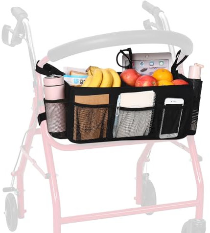 Verbesserter Rollatorkorb, große Tasche mit mehreren Taschen, Rollator-Zubehör für Senioren, Körbe zum Rollen, zusammenklappbar, einfach zu bedienen (schwarz)
