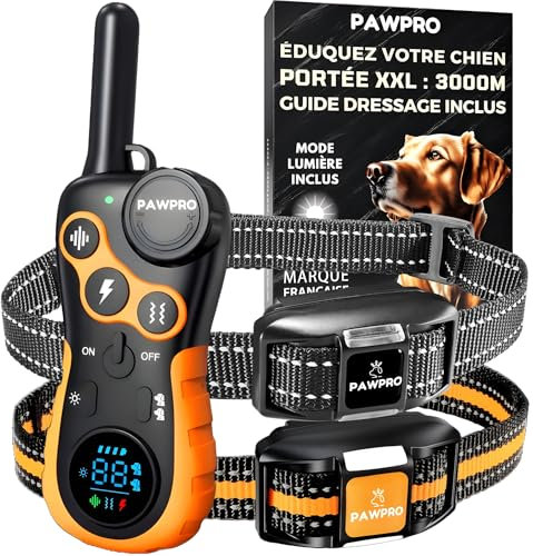 PAWPRO Collier de Dressage, Portée de 3km, Mode Lumière Nocturne, Guide de Dressage Inclus, 124 Niveaux d’Entraînement, BIP Vibration Choc, Adapté à Tous Les Chiens, Étanche, Marque FR (2 Colliers)